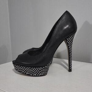 Black Platform Peep-Toe Heels with Rhinestone Detailing